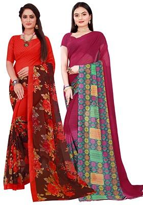 Maroon Embroidered Georgette Saree Set (Set Of 2)
