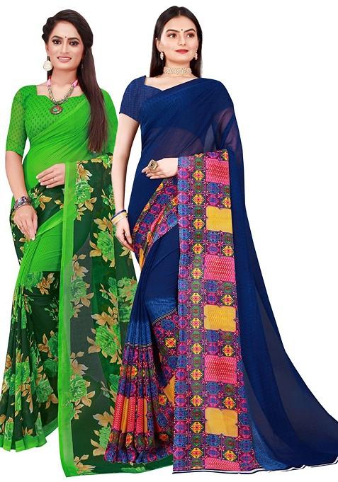 Navy Blue Embroidered Georgette Saree Set