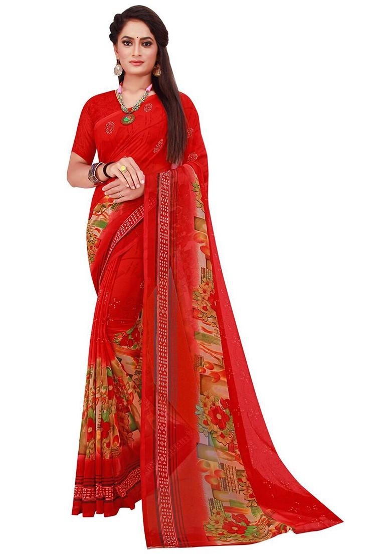 Red Floral Georgette Saree Set (Set Of 2)