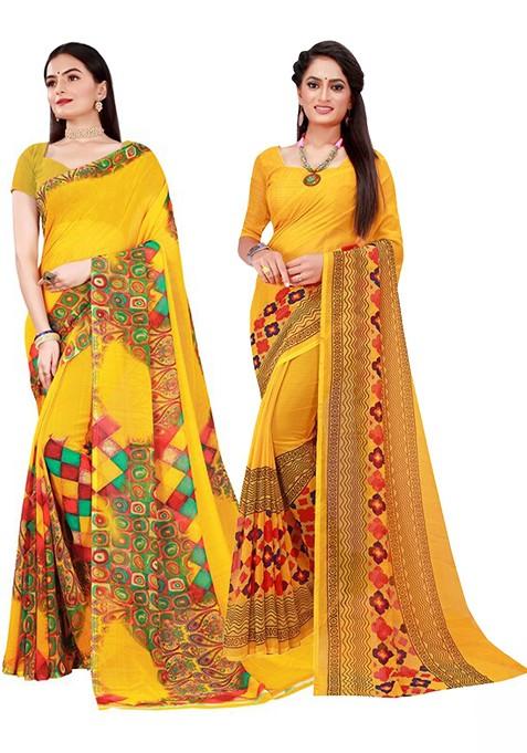 Yellow Embroidered Georgette Saree Set