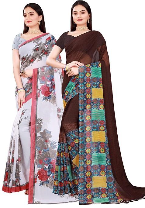 Brown Embroidered Georgette Saree Set