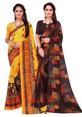 Black Floral Georgette Saree Set (Set Of 2)