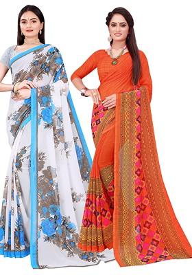 Orange Floral Georgette Saree Set (Set Of 2)