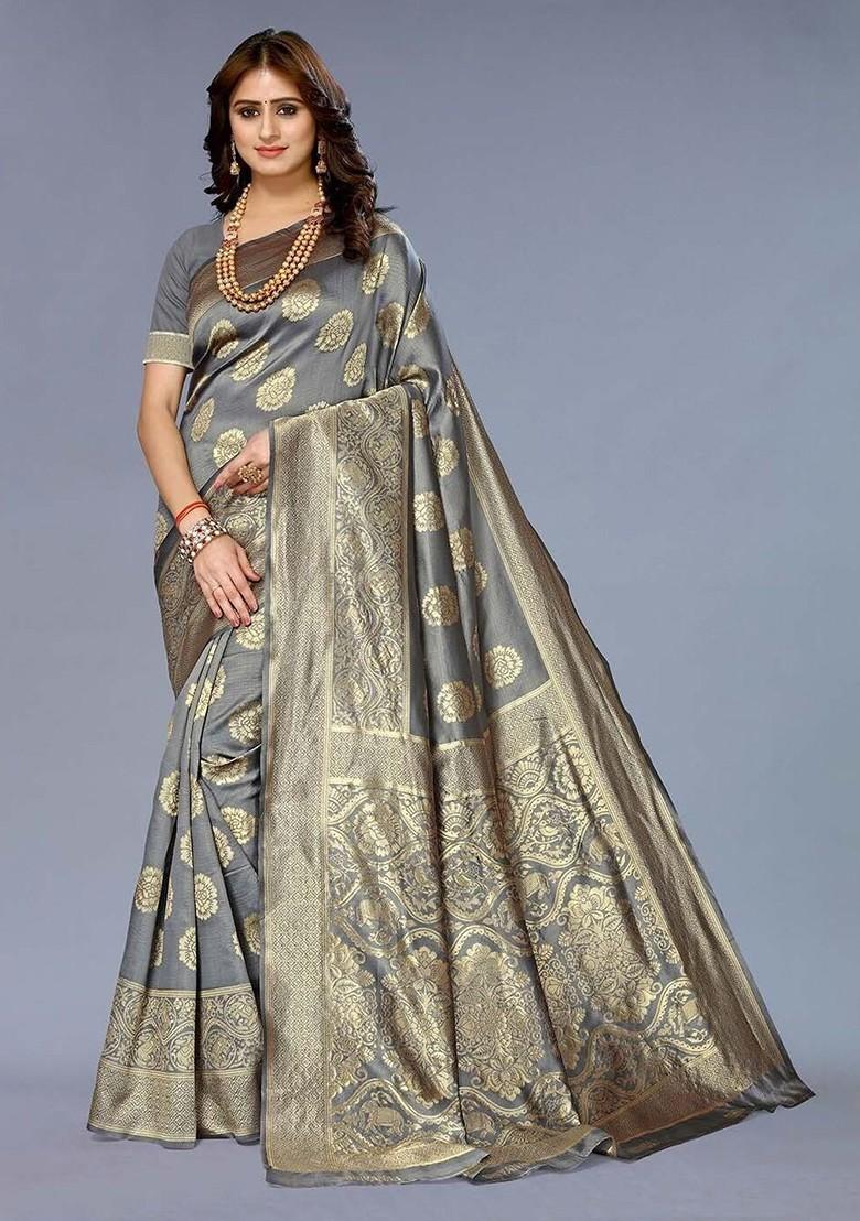 Grey woven Kanjeevaram Saree Set
