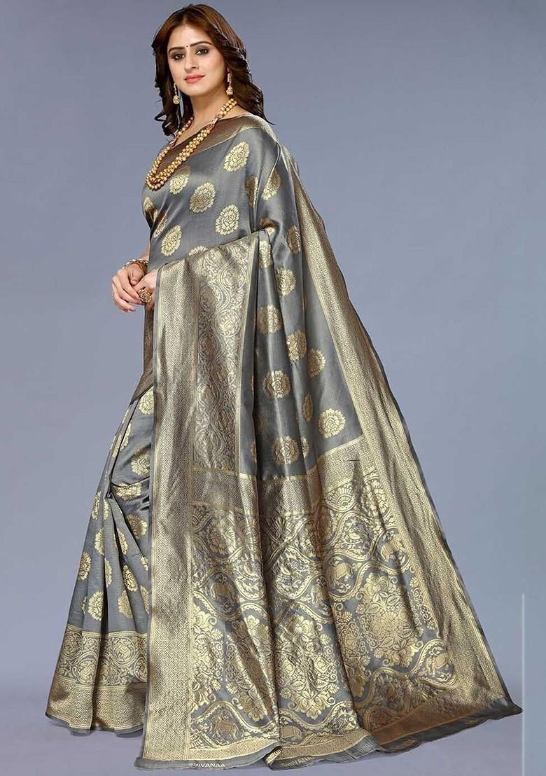 Grey woven Kanjeevaram Saree Set