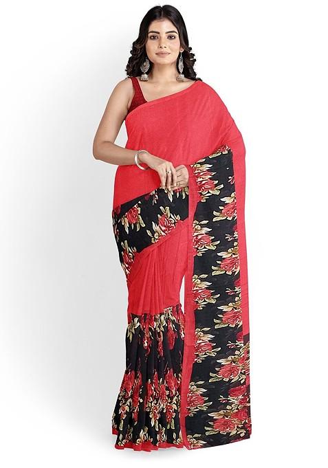 Red Floral Georgette Saree Set