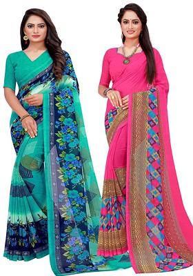 Turquoise Blue Printed Georgette Saree Set (Set Of 2)