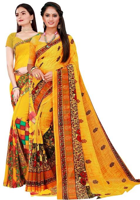 Yellow Embroidered Georgette Saree Set