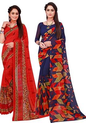 Navy Blue Floral Georgette Saree Set (Set Of 2)