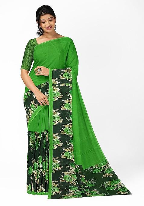 Green Floral Georgette Saree Set