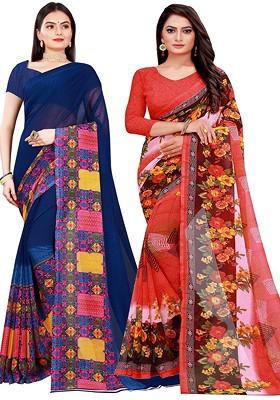 Peach Floral Georgette Saree Set (Set Of 2)