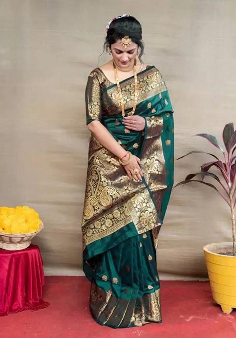 Green woven Banarasi Saree Set
