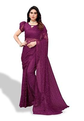 Purple Embellished Net Saree Set