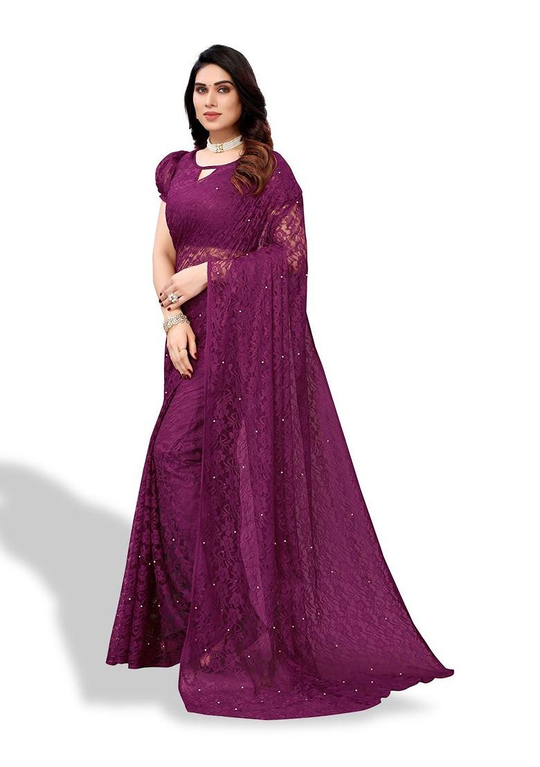Purple Embellished Net Saree Set