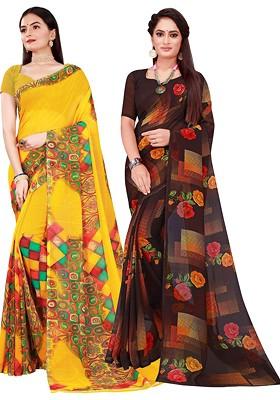Black Printed Georgette Saree Set (Set Of 2)