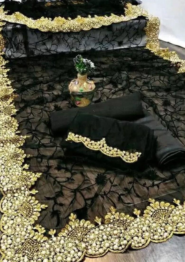 Black Embellished Net Saree Set