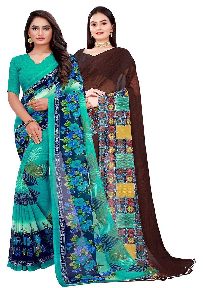 Teal Green Embroidered Georgette Saree Set
