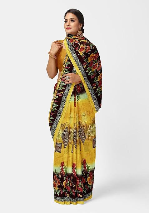 Yellow Floral Georgette Saree Set