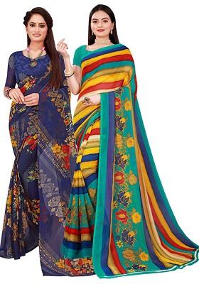 Navy Blue Striped Georgette Saree Set (Set Of 2)