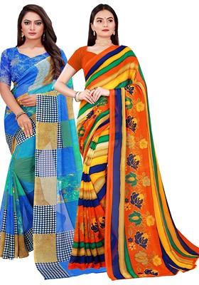 Orange Printed Georgette Saree Set