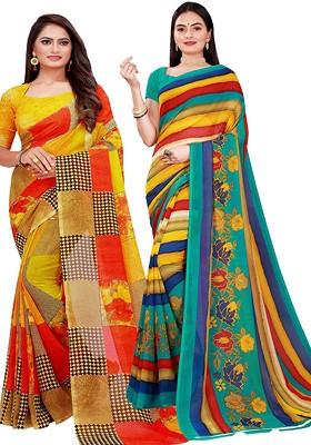 Orange Striped Georgette Saree Set (Set Of 2)