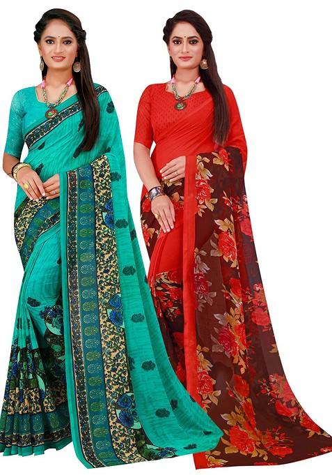 Turquoise Blue Embroidered Georgette Saree Set