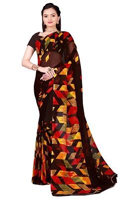 Brown Printed Georgette Saree Set