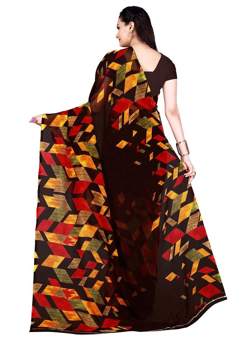 Brown Printed Georgette Saree Set