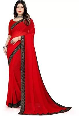 Red Embellished Poly Blend Saree Set