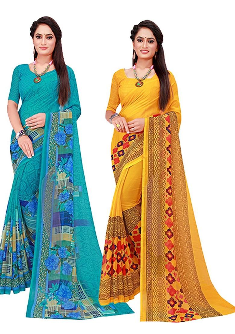 Turquoise Blue Printed Georgette Saree Set (Set Of 2)