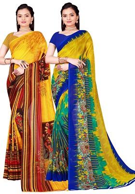 Yellow Printed Georgette Saree Set (Set Of 2)