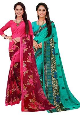 Turquoise Blue Embroidered Poly Blend Saree Set