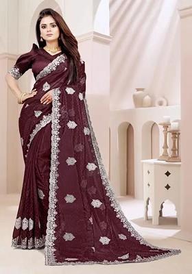 Maroon Embellished Poly Blend Saree Set