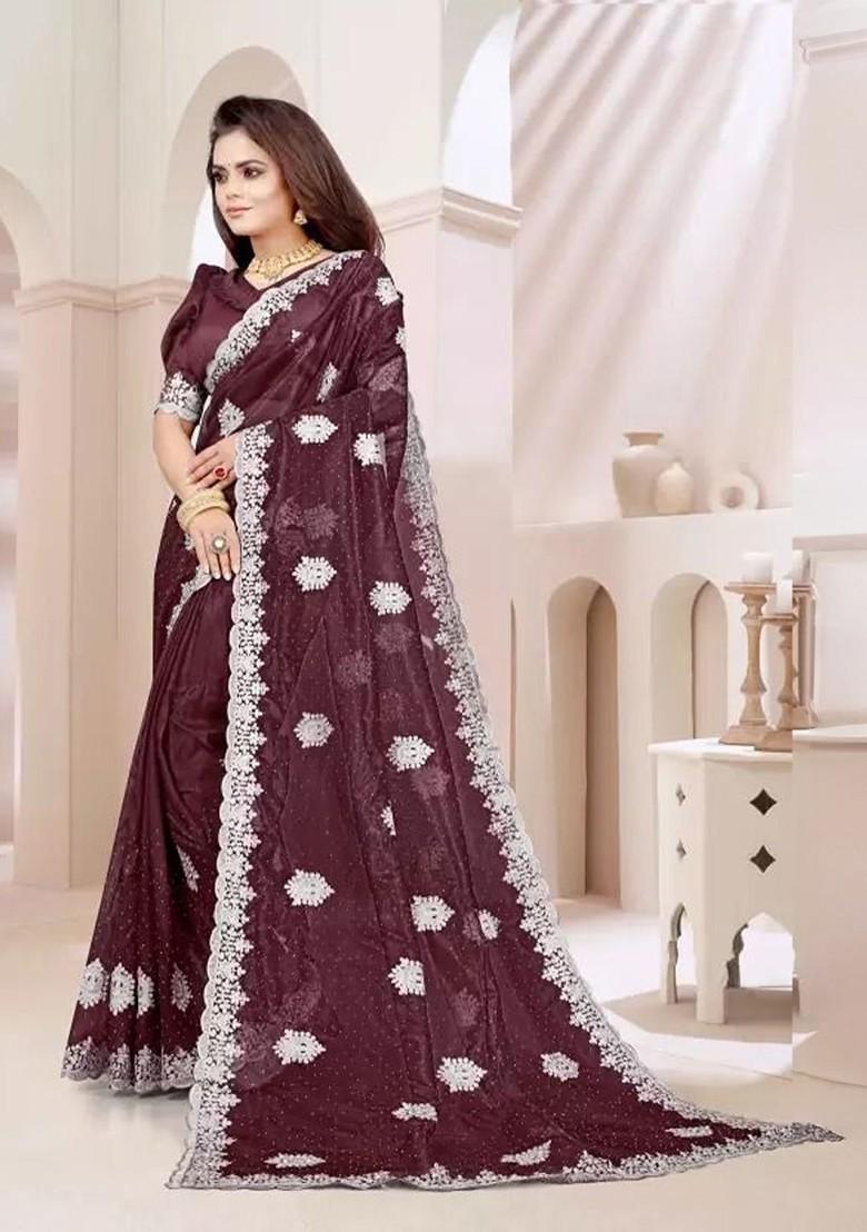 Maroon Embellished Poly Blend Saree Set