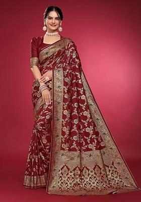 Maroon woven Silk Saree Set