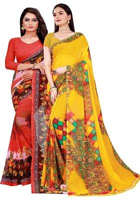 Peach Embroidered Georgette Saree Set (Set Of 2)