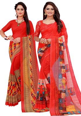 Red Printed Georgette Saree Set