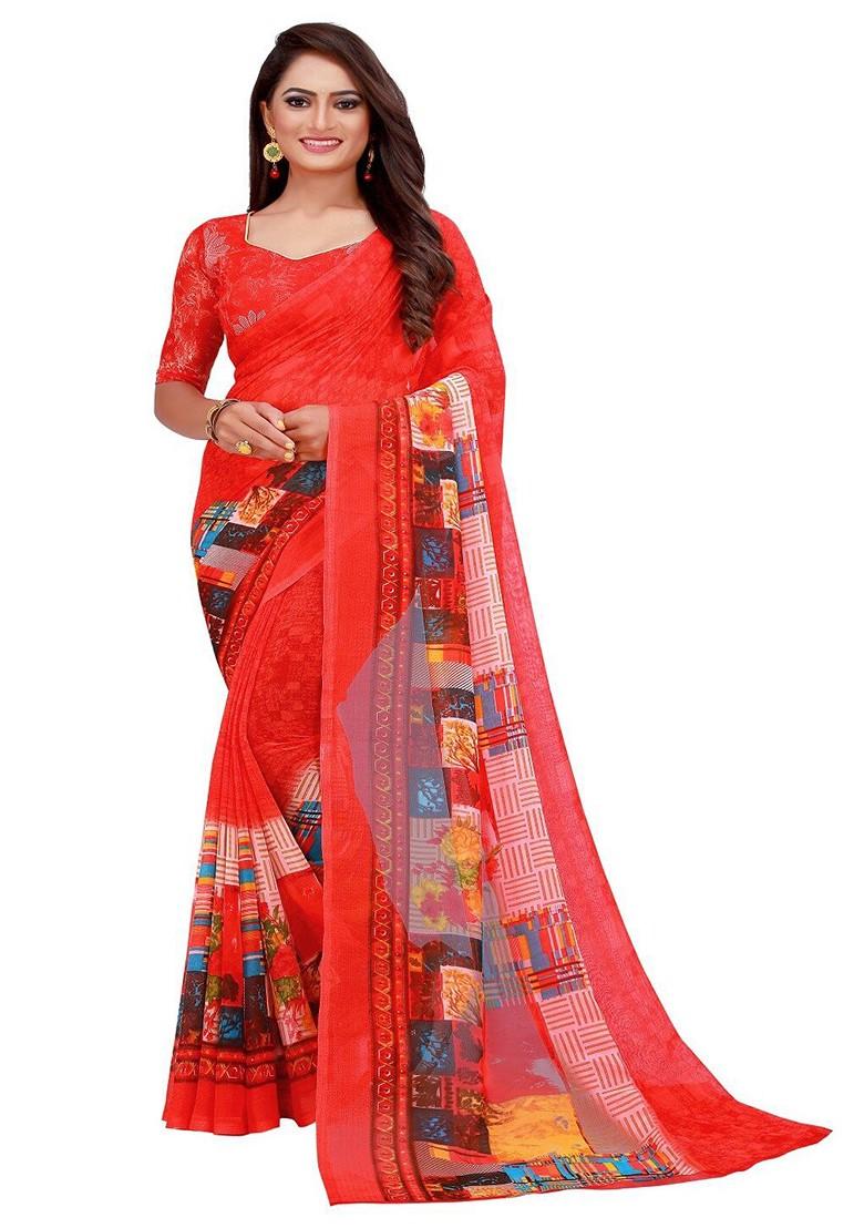 Red Printed Georgette Saree Set