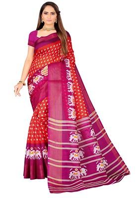 Orange Printed Art Silk Saree Set