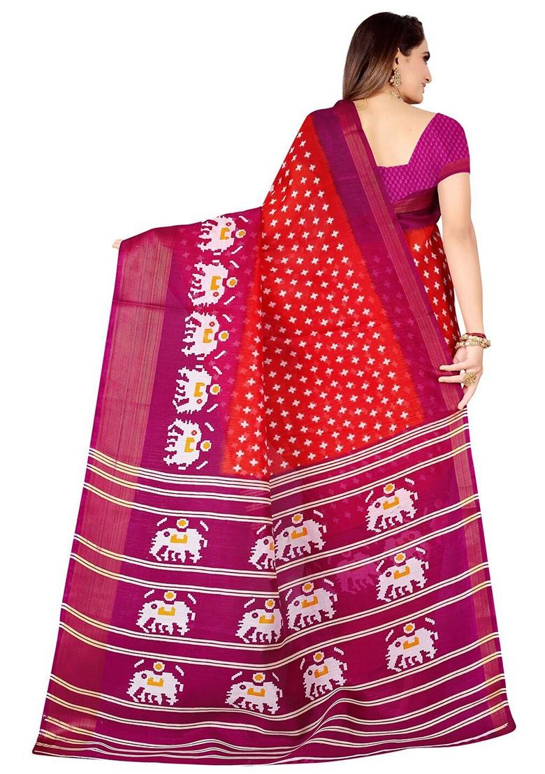 Orange Printed Art Silk Saree Set