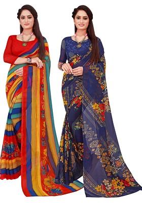 Navy Blue Striped Georgette Saree Set (Set Of 2)