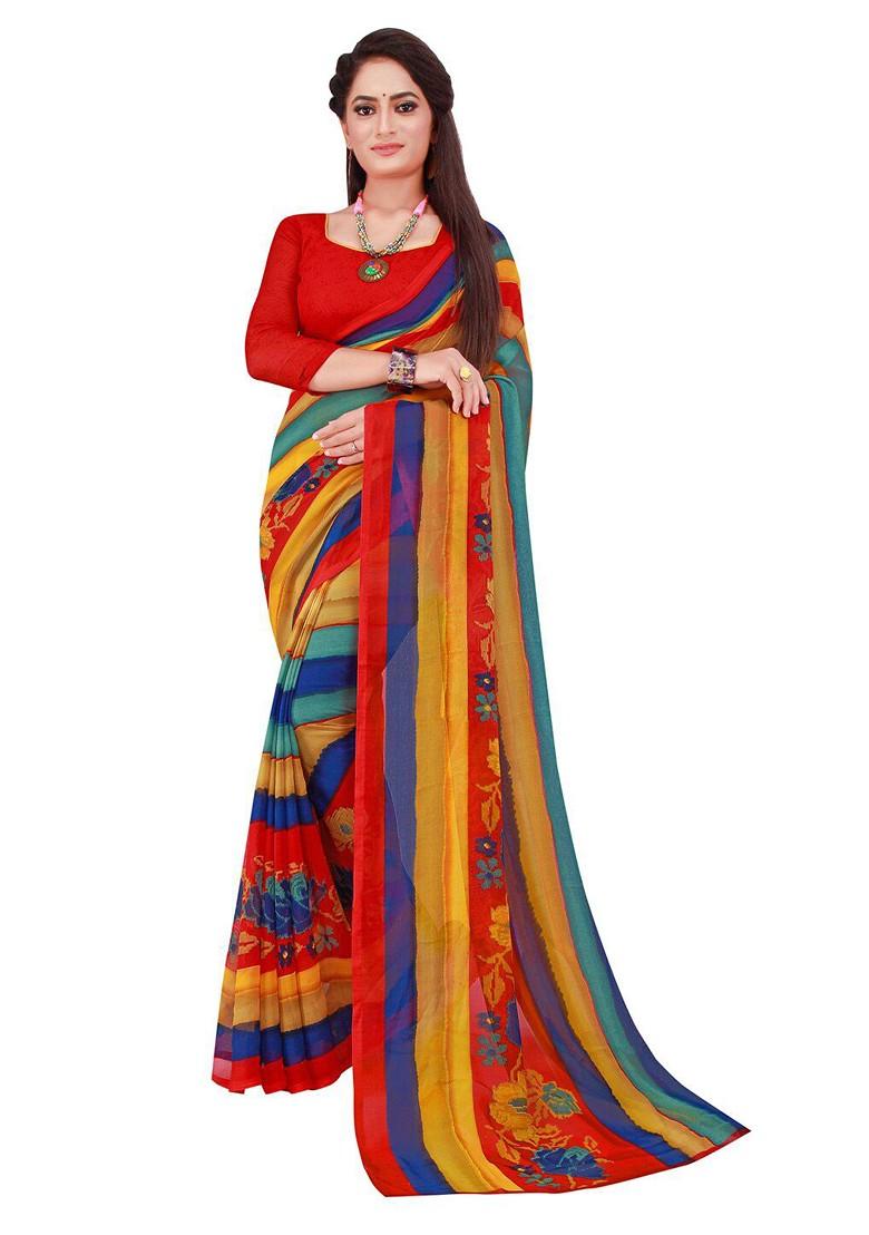 Navy Blue Striped Georgette Saree Set (Set Of 2)