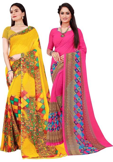 Yellow Embroidered Georgette Saree Set