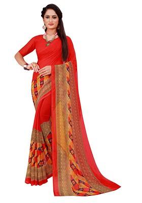 Red Printed Georgette Saree Set