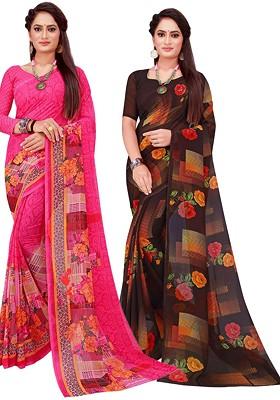 Pink Printed Georgette Saree Set (Set Of 2)