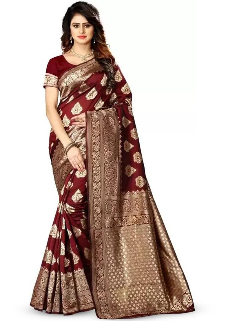 Maroon woven Kanjeevaram Saree Set