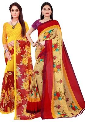 Beige Embroidered Poly Blend Saree Set