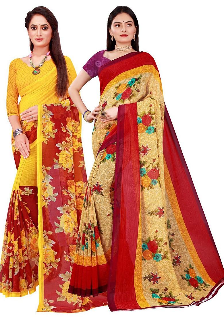 Beige Embroidered Poly Blend Saree Set