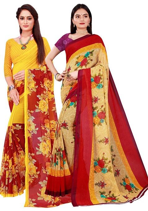 Beige Embroidered Poly Blend Saree Set