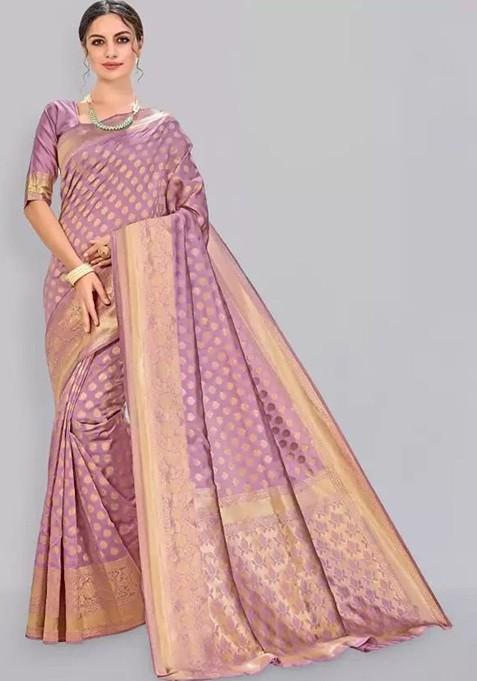 Pink woven Silk Saree Set